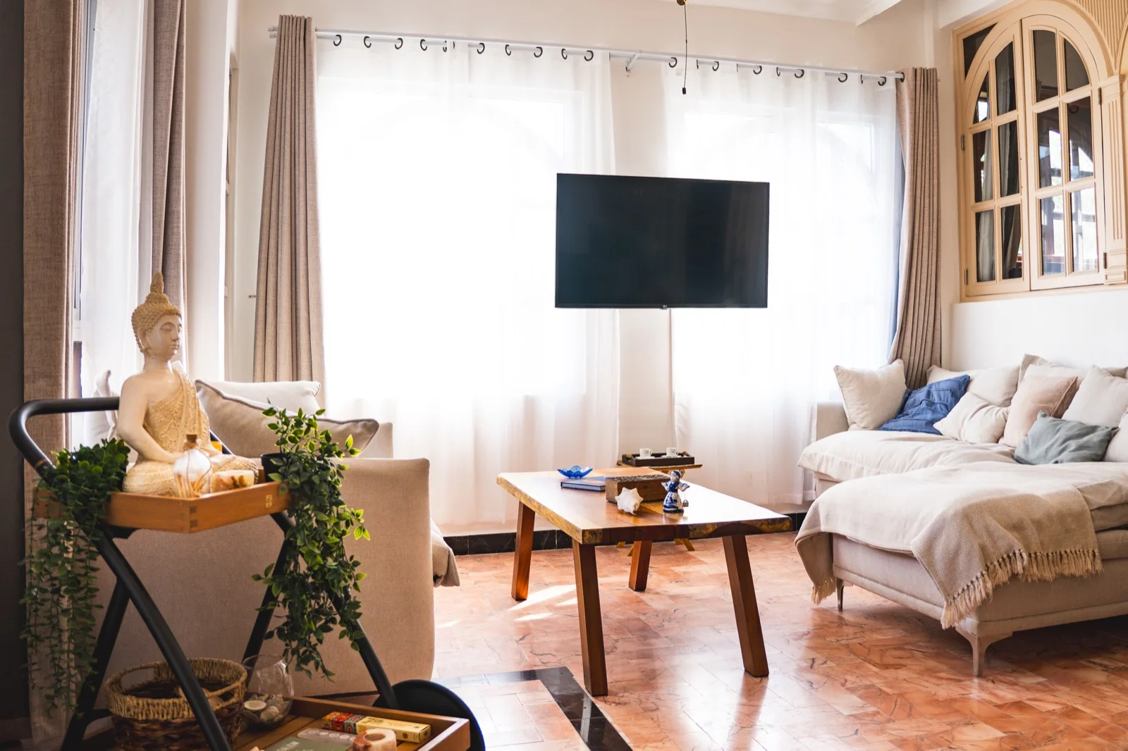 Living room with arched French doors